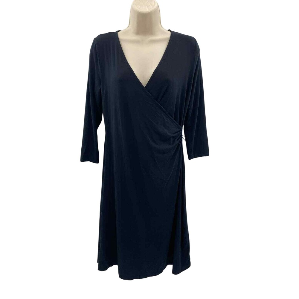 Talbots Faux Wrap Dress Womens Small Petite Black Rayon V-Neck Belt‎ Loops
